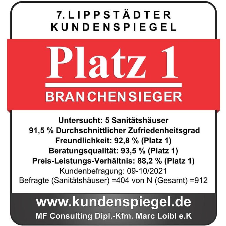 Branchensieger Siegel für Platz 1 im Vergleich von Sanitätshäusern mit hoher Kundenzufriedenheit.